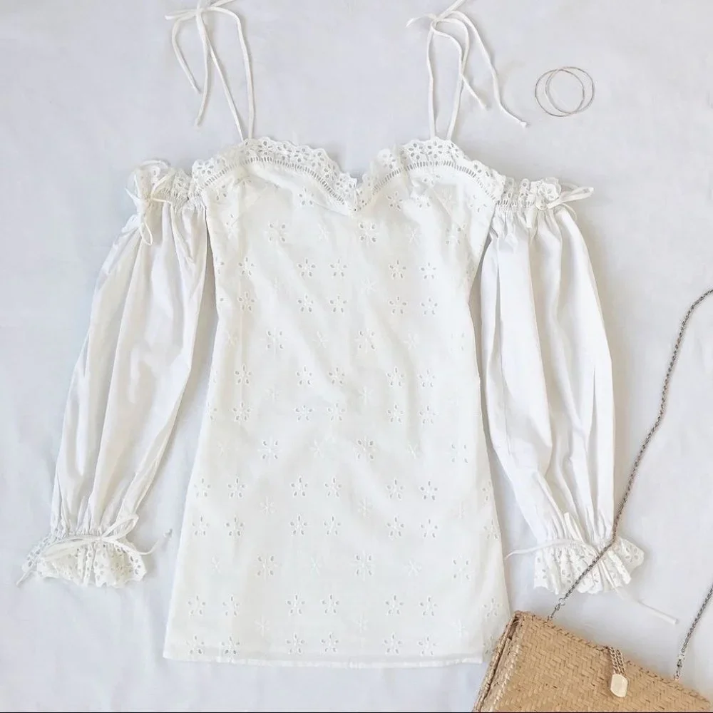 For Love & Lemons Vera Eyelet Ruffle Lace Mini Dress White Size Small - Picture 6 of 16